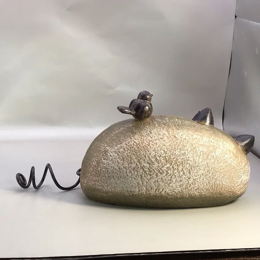Resin Kitty With Curly Tail And A Bird On His Back Cat